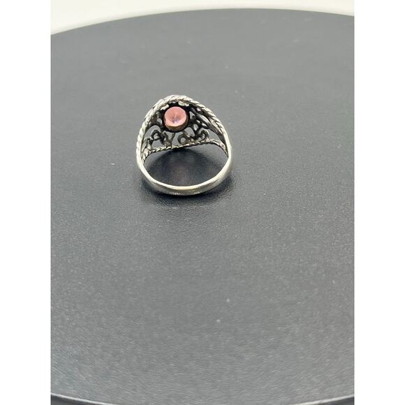 Sterling Silver Vintage Filigree Simulated Pink Sapphire Solitaire Ring 5.25 - Picture 13 of 14